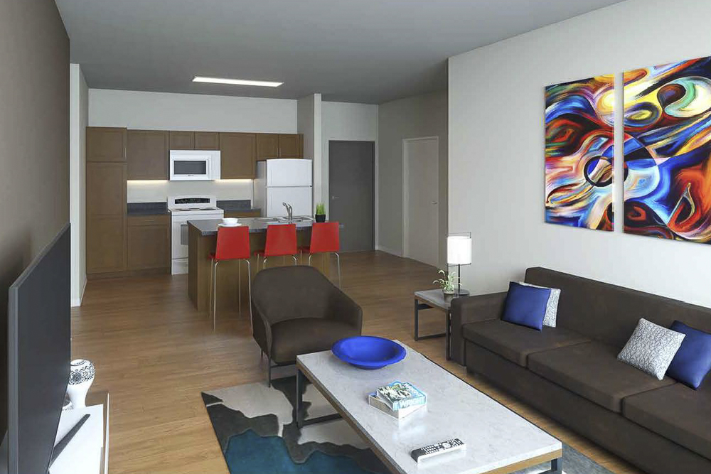 Woodhill Station West Phase One - interior living room - kitchen rendering